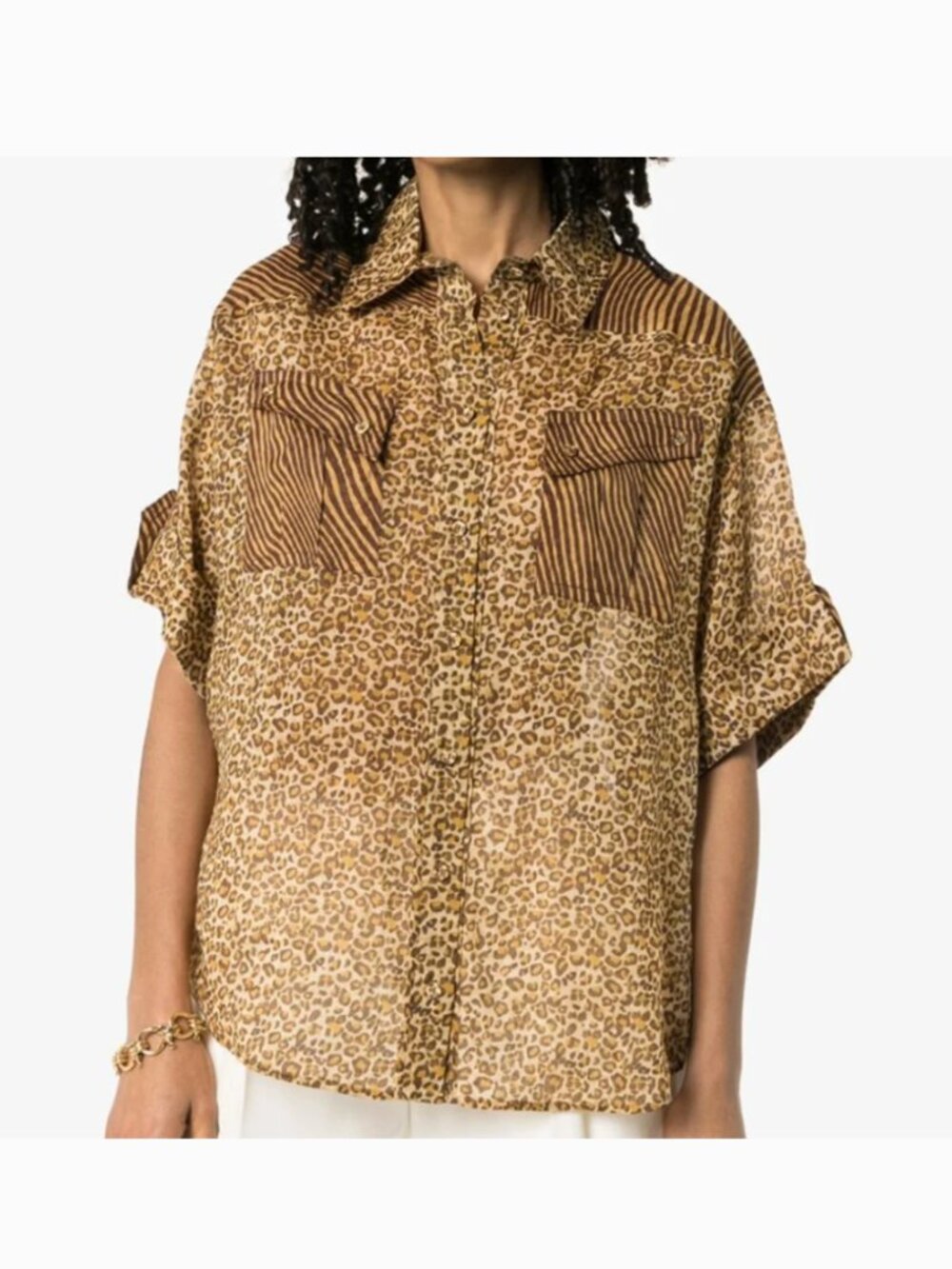 Zimmermann Brown and Cream Leopard Print Short-Sleeve Button-Up Shirt